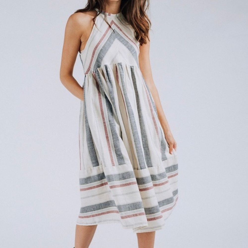 linen midi striped dress size L clad & cloth striped halter
